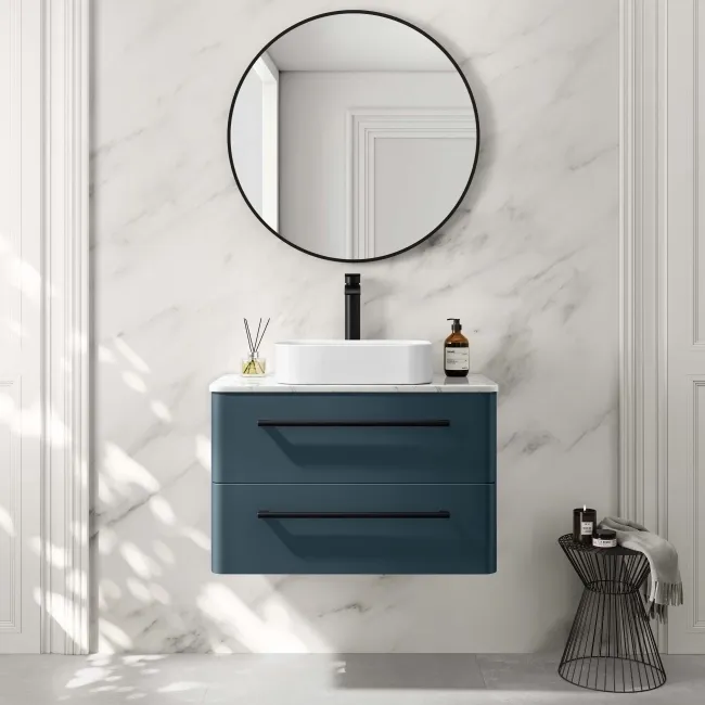Omaha Navy Blue Wall Hung Drawer Vanity with Marble Top & Marin Basin 800mm - Black Accents