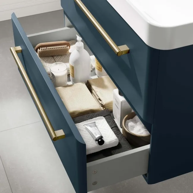 Omaha Navy Blue Wall Hung Basin Drawer Vanity 800mm - Brushed Brass Accents