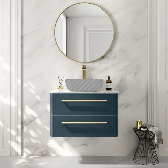 Omaha Navy Blue Wall Hung Drawer Vanity with Marble Top 800mm (Excludes Counter Top Basin) - Brushed Brass Accents