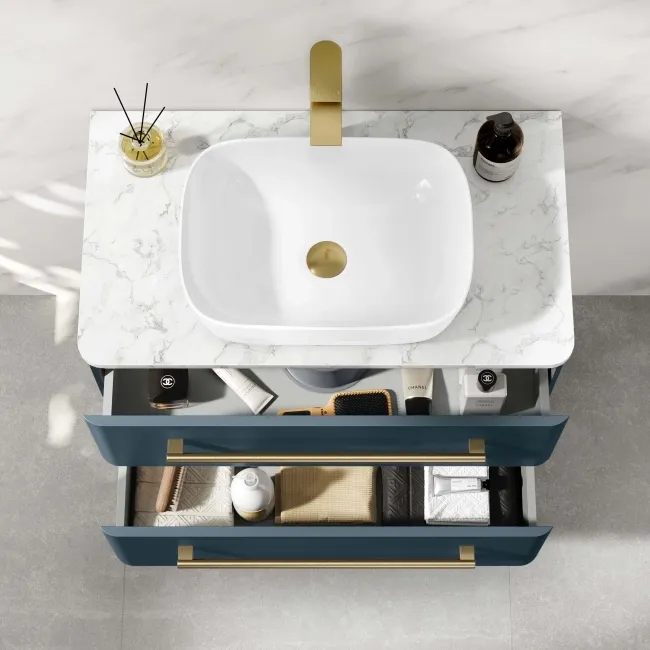 Omaha Navy Blue Wall Hung Drawer Vanity with Marble Top & Curved Counter Top Basin 800mm - Brushed Brass Accents