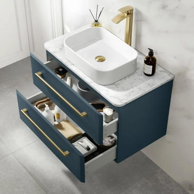 Omaha Navy Blue Wall Hung Drawer Vanity with Marble Top & Marin Basin 800mm - Brushed Brass Accents