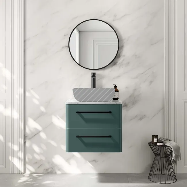 Omaha Mystic Green Wall Hung Drawer Vanity with Marble Top 600mm (Excludes Counter Top Basin) - Black Accents