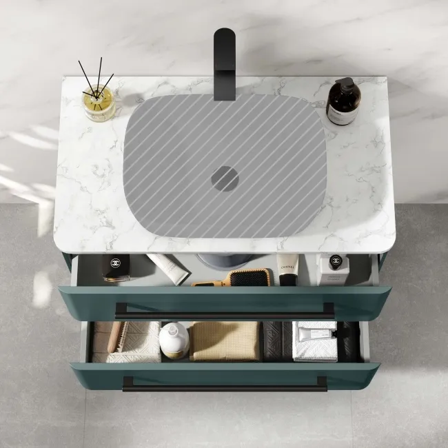 Omaha Mystic Green Wall Hung Drawer Vanity with Marble Top 800mm (Excludes Counter Top Basin) - Black Accents