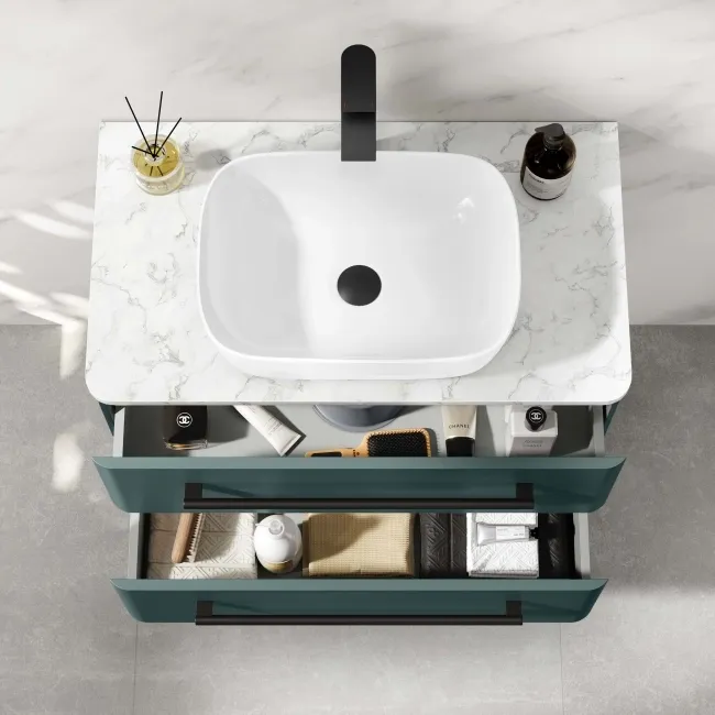 Omaha Mystic Green Wall Hung Drawer Vanity with Marble Top & Curved Counter Top Basin 800mm - Black Accents