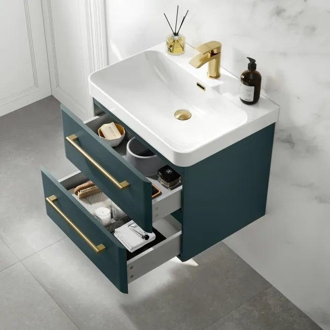 Omaha Mystic Green Wall Hung Basin Drawer Vanity 600mm - Brushed Brass Accents