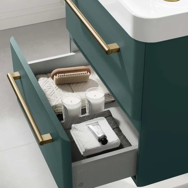 Omaha Mystic Green Wall Hung Basin Drawer Vanity 600mm - Brushed Brass Accents