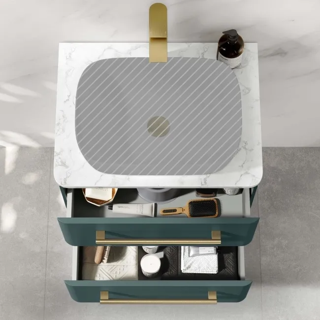 Omaha Mystic Green Wall Hung Drawer Vanity with Marble Top 600mm (Excludes Counter Top Basin) - Brushed Brass Accents