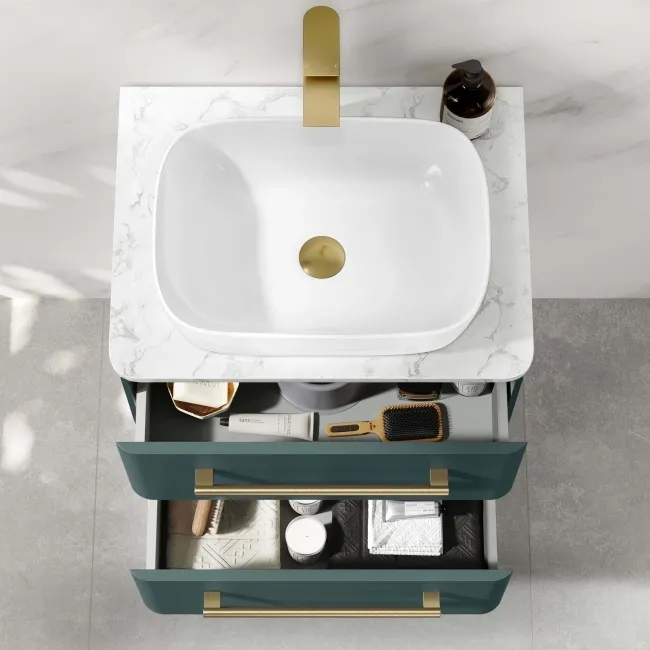 Omaha Mystic Green Wall Hung Drawer Vanity with Marble Top & Curved Counter Top Basin 600mm - Brushed Brass Accents