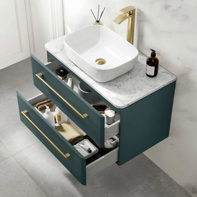 Omaha Mystic Green Wall Hung Drawer Vanity with Marble Top & Curved Counter Top Basin 800mm - Brushed Brass Accents