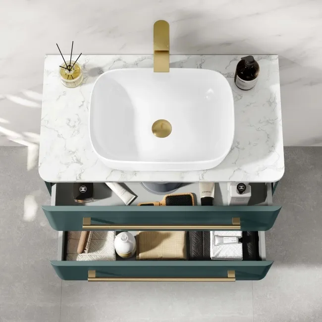 Omaha Mystic Green Wall Hung Drawer Vanity with Marble Top & Curved Counter Top Basin 800mm - Brushed Brass Accents