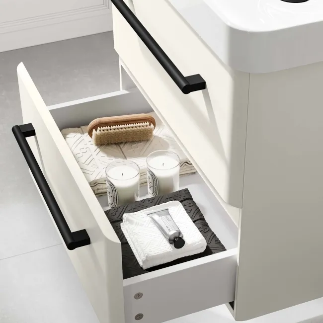 Omaha Linen White Wall Hung Basin Drawer Vanity 600mm - Black Accents