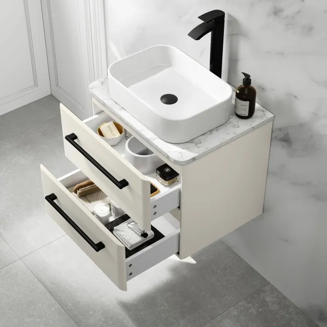 Omaha Linen White Wall Hung Drawer Vanity with Marble Top & Marin Basin 600mm - Black Accents