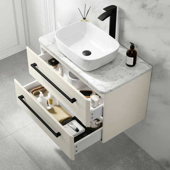 Omaha Linen White Wall Hung Drawer Vanity with Marble Top & Curved Counter Top Basin 800mm - Black Accents