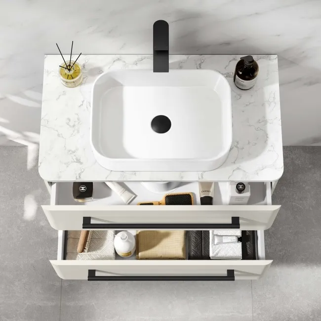 Omaha Linen White Wall Hung Drawer Vanity with Marble Top & Marin Basin 800mm - Black Accents