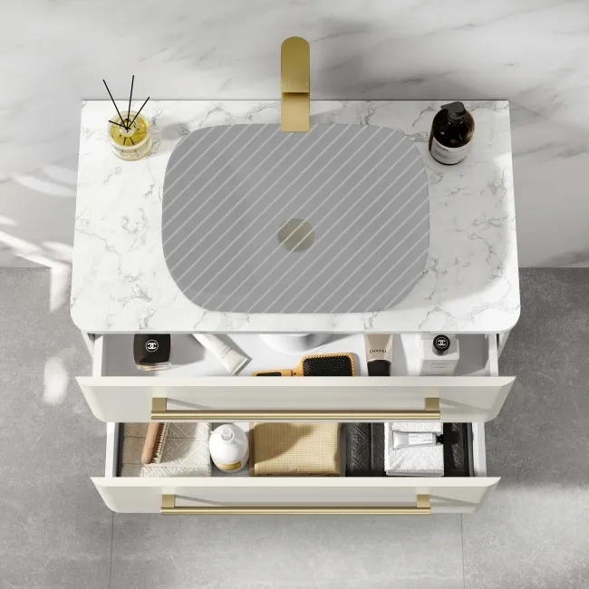 Omaha Linen White Wall Hung Drawer Vanity with Marble Top 800mm (Excludes Counter Top Basin) - Brushed Brass Accents