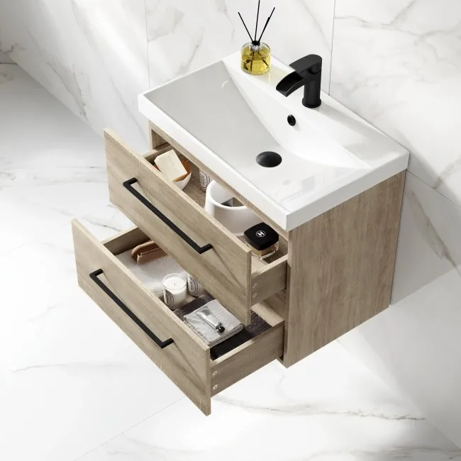 Elba Dawn Oak Wall Hung Basin Drawer Vanity 600mm - Black Accents