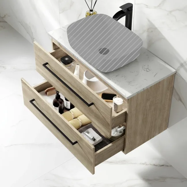 Elba Dawn Oak Wall Hung Drawer 800mm Excludes Counter Top Basin - Black Accents