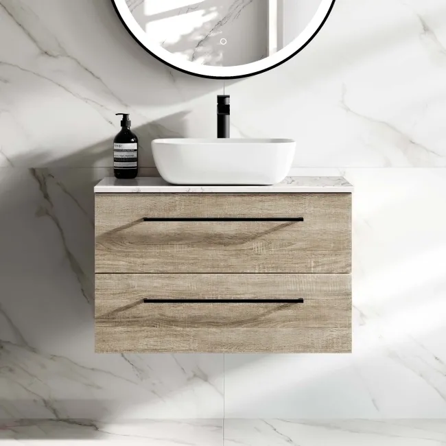 Elba Dawn Oak Wall Hung Drawer Vanity with Marble Top & Curved Counter Top Basin 800mm - Black Accents