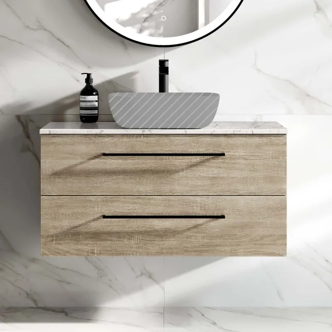 Elba Dawn Oak Wall Hung Drawer Vanity 1000mm Excludes Counter Top Basin - Black Accents