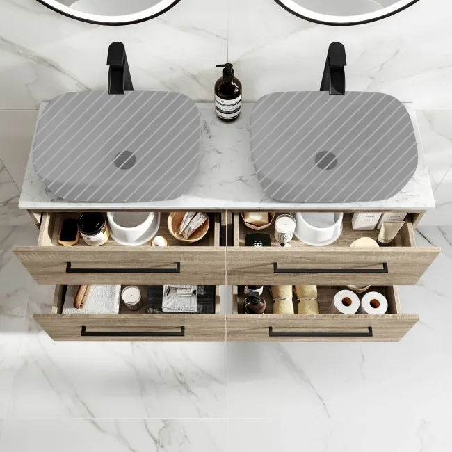 Elba Dawn Oak Wall Hung Drawer with Marble Top 1200mm Excludes Basins - Black Accents