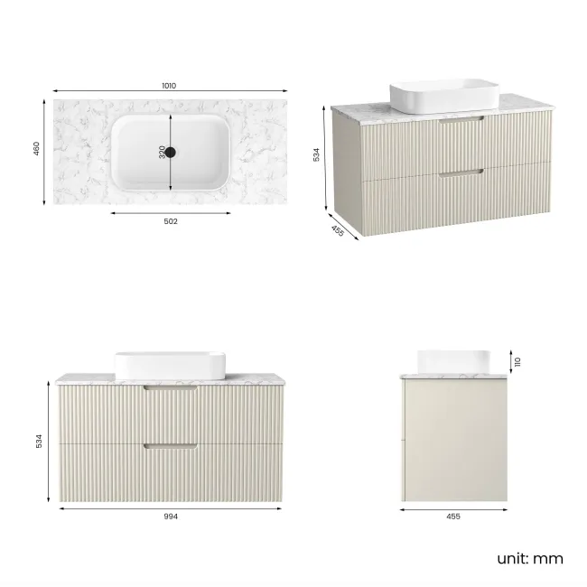 Crete Fluted Linen White Wall Hung Drawer Vanity with Marble Top & Marin Basin 1000mm