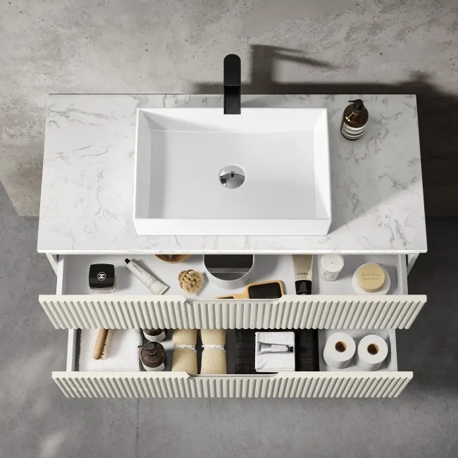 Crete Fluted Linen White Wall Hung Drawer Vanity with Marble Top & Cody Basin 1000mm