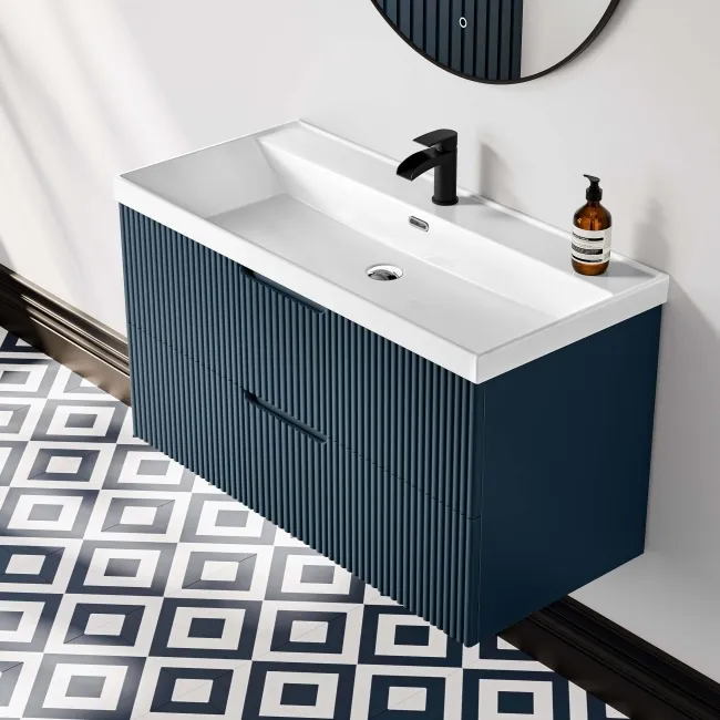 Crete Fluted Navy Blue Wall Hung Basin Drawer Vanity 1000mm