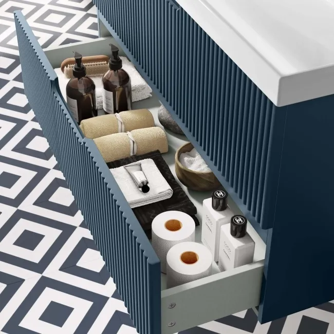 Crete Fluted Navy Blue Wall Hung Basin Drawer Vanity 1000mm