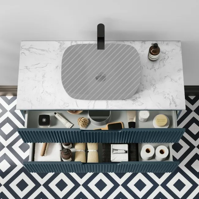 Crete Fluted Navy Blue Wall Hung Drawer Vanity with Marble Top 1000mm - Excludes Counter Top Basin