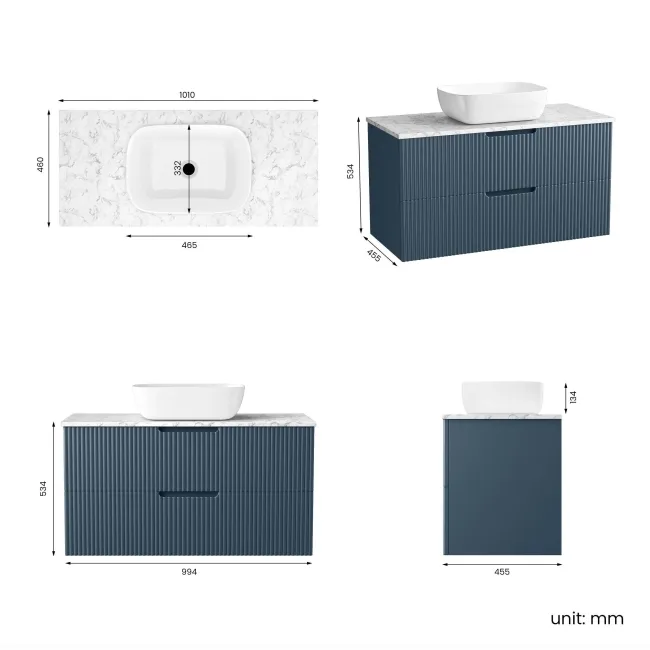 Crete Fluted Navy Blue Wall Hung Drawer Vanity with Marble Top & Curved Basin 1000mm