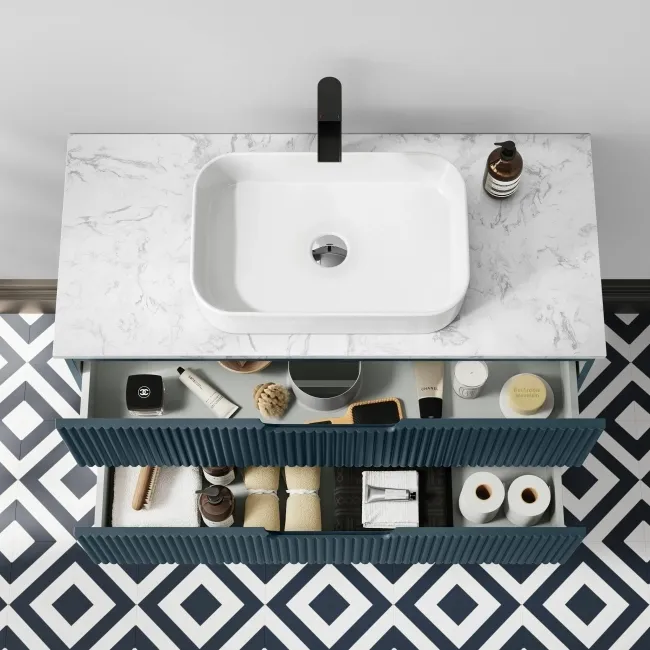 Crete Fluted Navy Blue Wall Hung Drawer Vanity with Marble Top & Marin Basin 1000mm