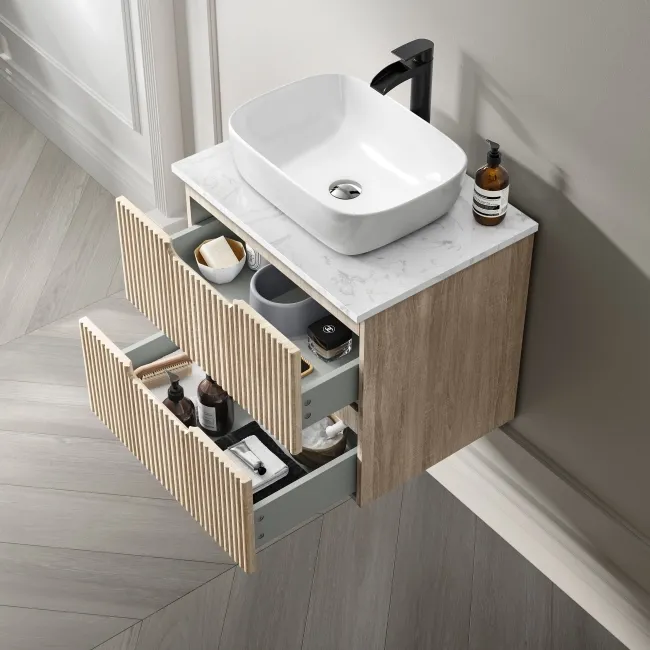 Crete Fluted Apex Oak Wall Hung Drawer Vanity with Marble Top & Curved Basin 600mm
