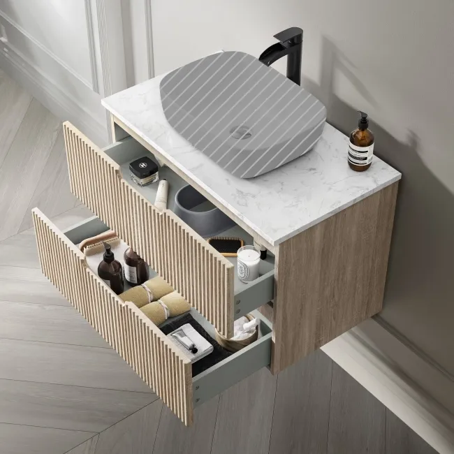 Crete Fluted Apex Oak Wall Hung Drawer Vanity with Marble Top 800mm - Excludes Counter Top Basin