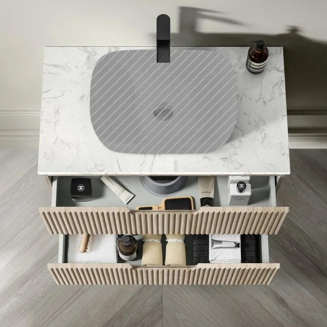 Crete Fluted Apex Oak Wall Hung Drawer Vanity with Marble Top 800mm - Excludes Counter Top Basin