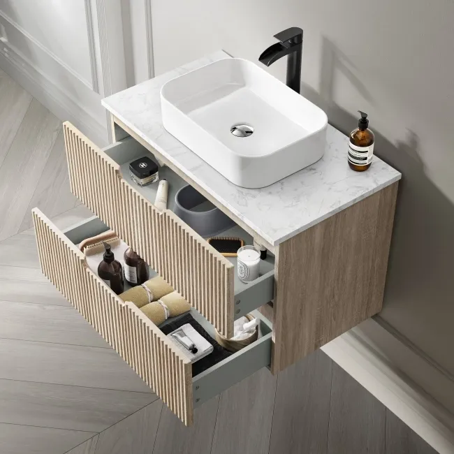 Crete Fluted Apex Oak Wall Hung Drawer Vanity with Marble Top & Marin Basin 800mm