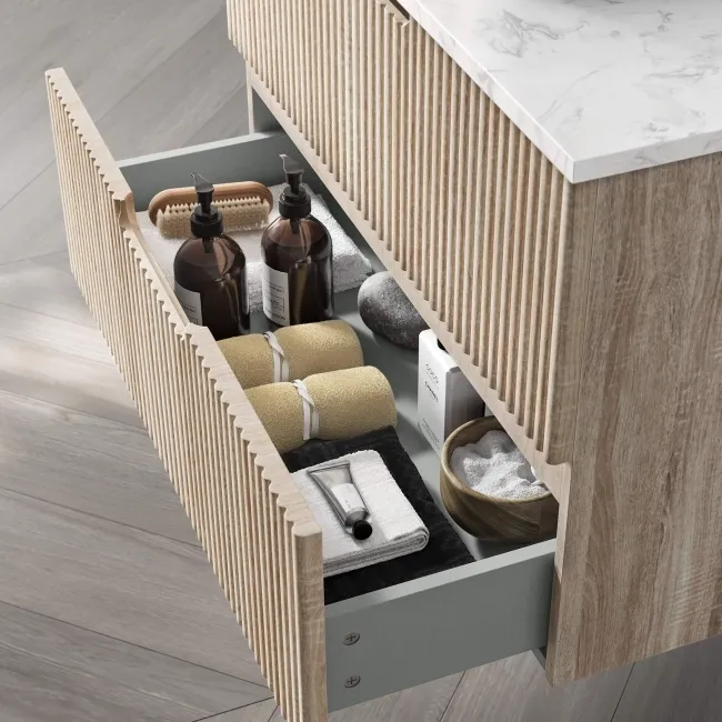 Crete Fluted Apex Oak Wall Hung Drawer Vanity with Marble Top & Marin Basin 800mm