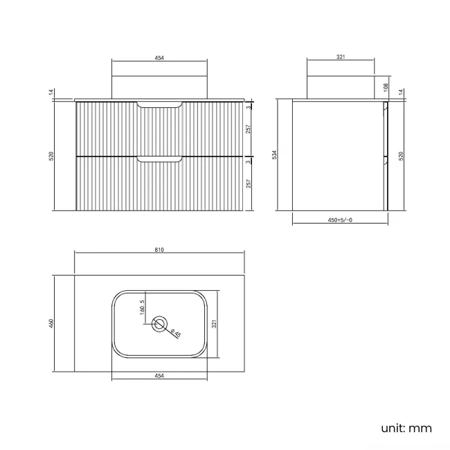 Crete Fluted Apex Oak Wall Hung Drawer Vanity with Marble Top & Marin Basin 800mm