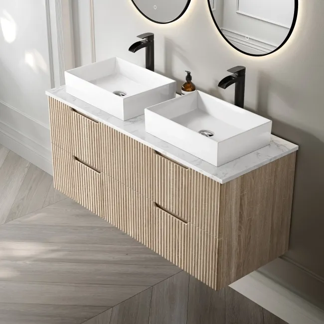 Crete Fluted Apex Oak Double Wall Hung Drawer Vanity with Marble Top & Cody Basin 1200mm