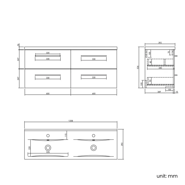 Elba Dawn Oak Wall Hung Double Basin Drawer Vanity 1200mm
