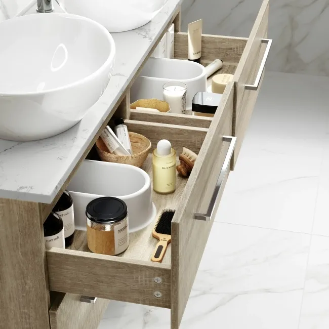Elba Dawn Oak Double Wall Hung Drawer Vanity with Marble Top & Oval Basin 1200mm