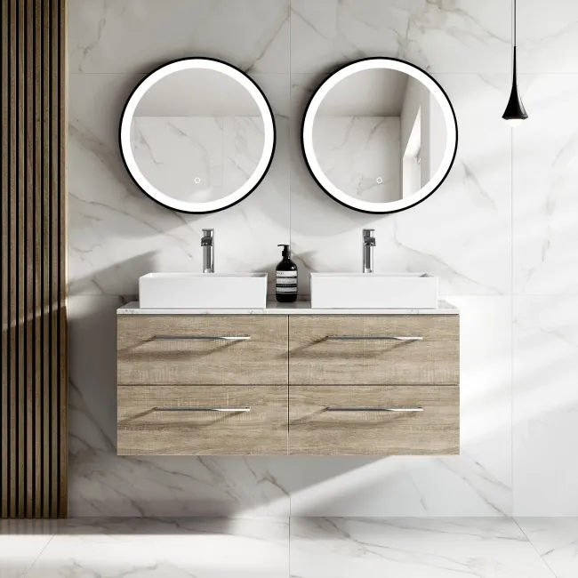 Elba Dawn Oak Double Wall Hung Drawer Vanity with Marble Top & Cody Basin 1200mm