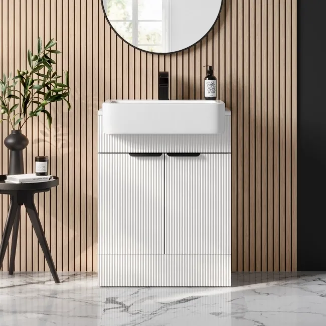 Sicily Fluted Coastal White Vanity with Semi Recessed Basin 600mm - Black Accents
