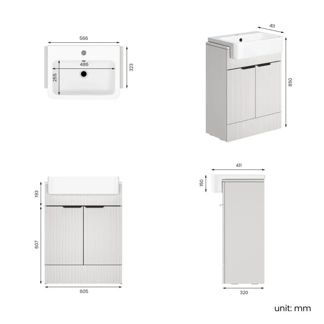 Sicily Fluted Coastal White Vanity with Semi Recessed Basin 600mm - Black Accents