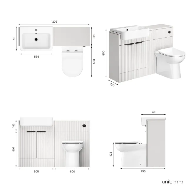 Sicily Fluted Coastal White Combination Vanity Basin and Aruba Toilet 1200mm - Black Accents