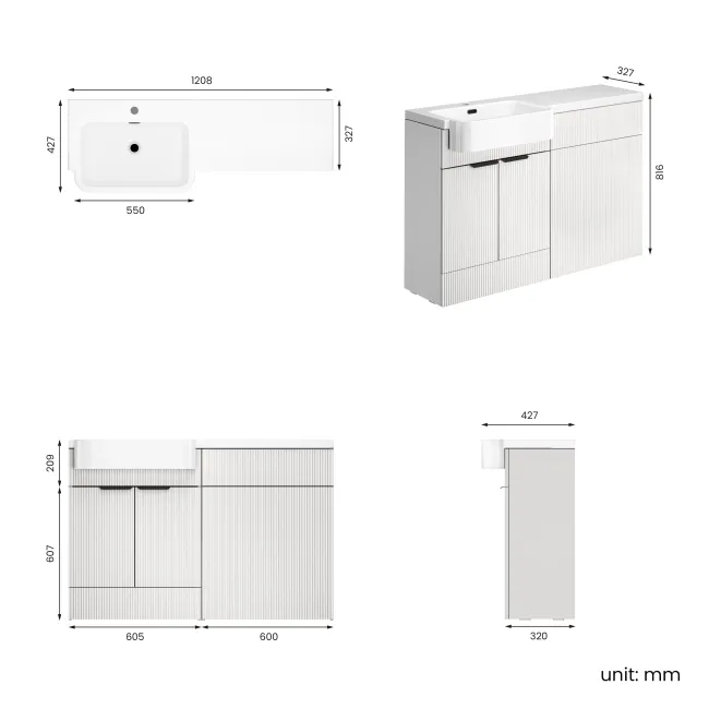 Sicily Fluted Coastal White Basin Vanity and Back To Wall Toilet Unit 1200mm (Excludes Toilet) - Black Accents - Left Handed