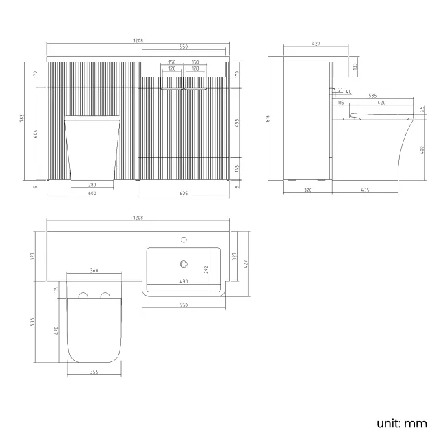 Sicily Fluted Coastal White Combination Vanity Basin and Houston Toilet 1200mm - Black Accents - Right Handed