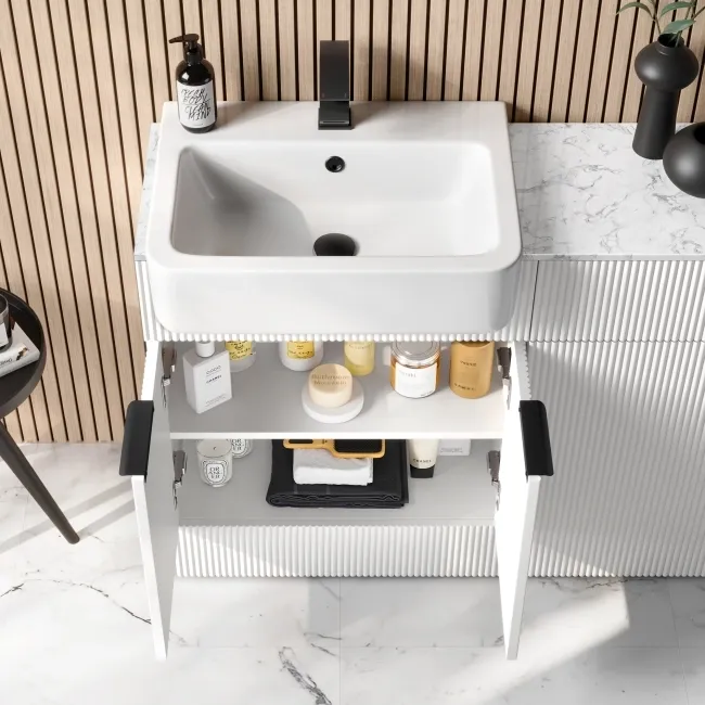 Sicily Fluted Coastal White Combination Vanity Basin with Marble Top & Houston Toilet 1200mm - Black Accents