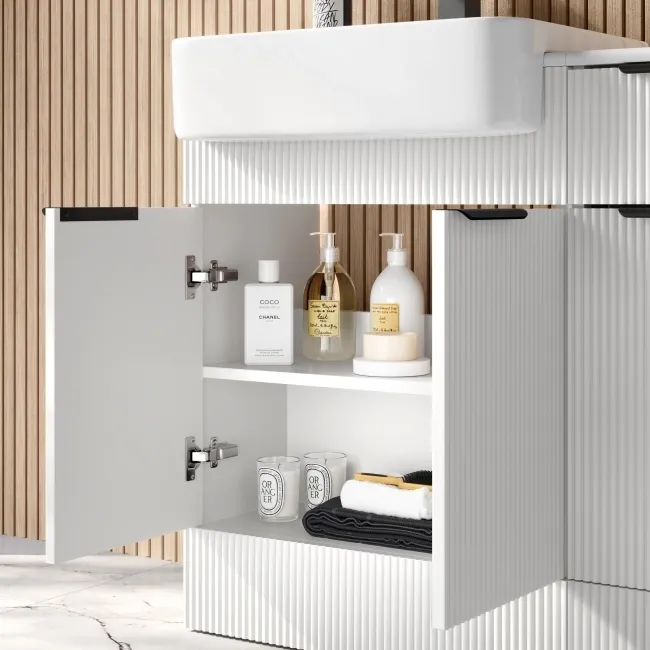 Sicily Fluted Coastal White Combination Vanity Basin 1500mm (Excludes Toilet) - Black Accents