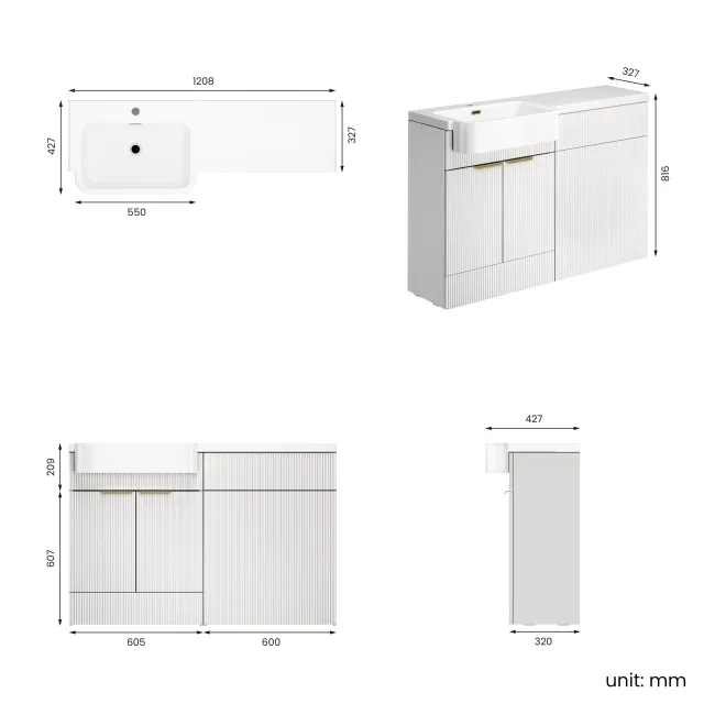 Sicily Fluted Coastal White Basin Vanity and Back To Wall Toilet Unit 1200mm (Excludes Toilet) - Brushed Brass Accents - Left Handed
