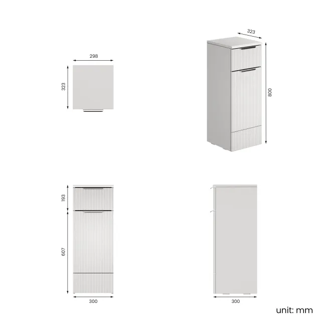 Sicily Fluted Coastal White Side Cabinet Unit 300mm - Chrome Handles